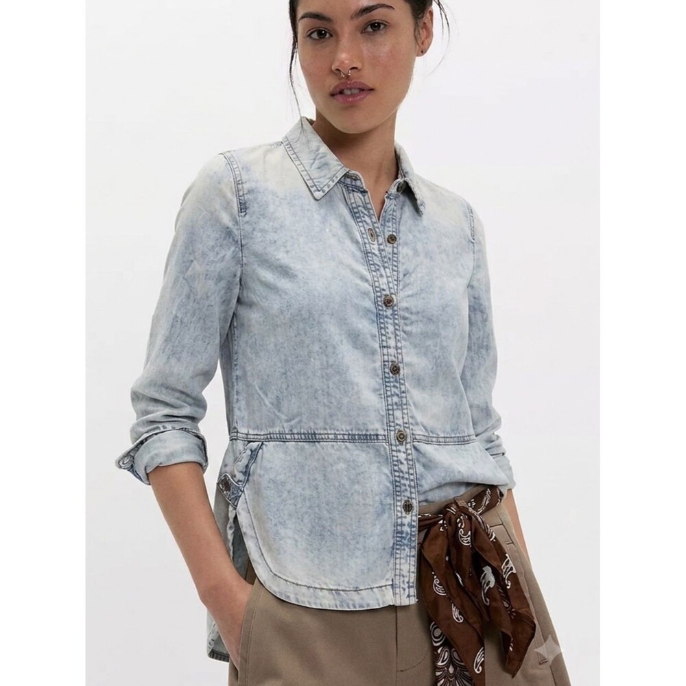 VTG Anthropologie Holding Horses Tencel Denim Bleached Chambray Shirt Size 0 XS